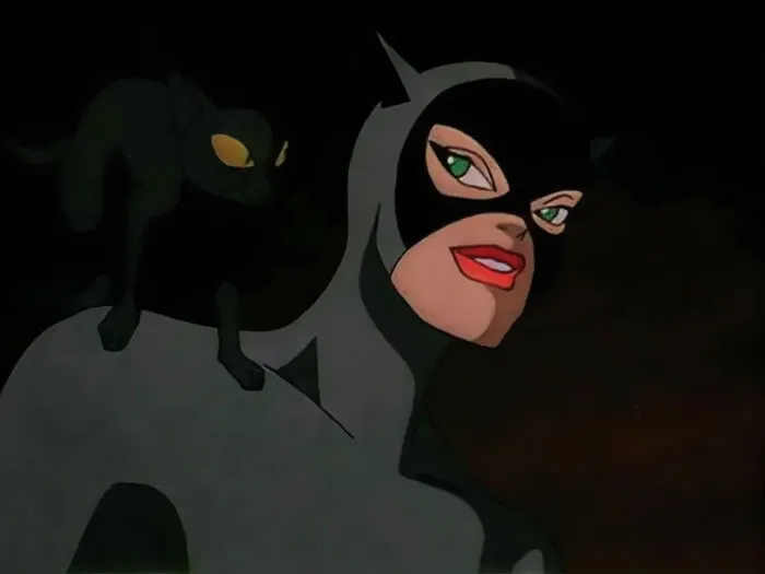 A female cartoon character in a sleek outfit with a black cat, showcasing fame and strength.