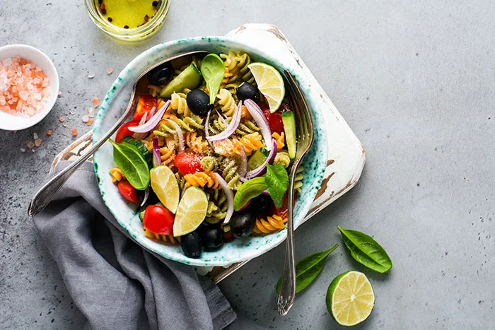 Whole Wheat Pasta With Roasted Veggies And Olive Oil, Lemon Juice/Zest, And Herbs As The “Sauce”