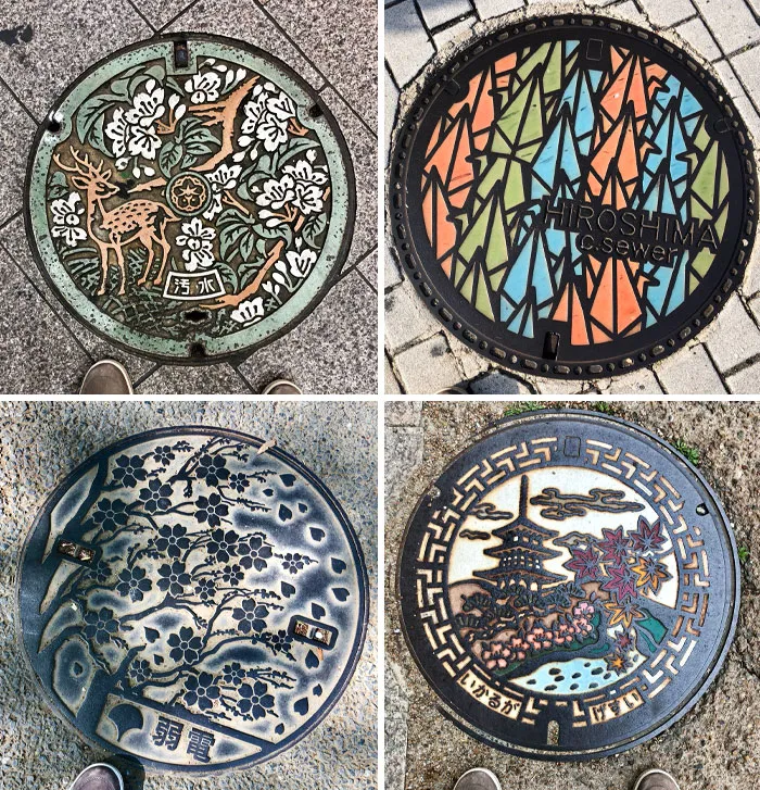 Me encantan estas tapas de alcantarilla personalizadas de Japón. Todas las localidades de la zona las tienen