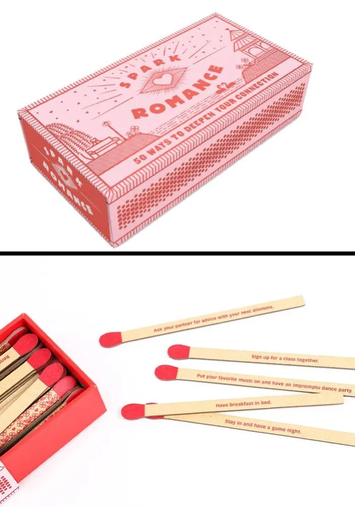 Romantic Valentine's Day gift box with matchsticks featuring suggestions to deepen affection and connection.