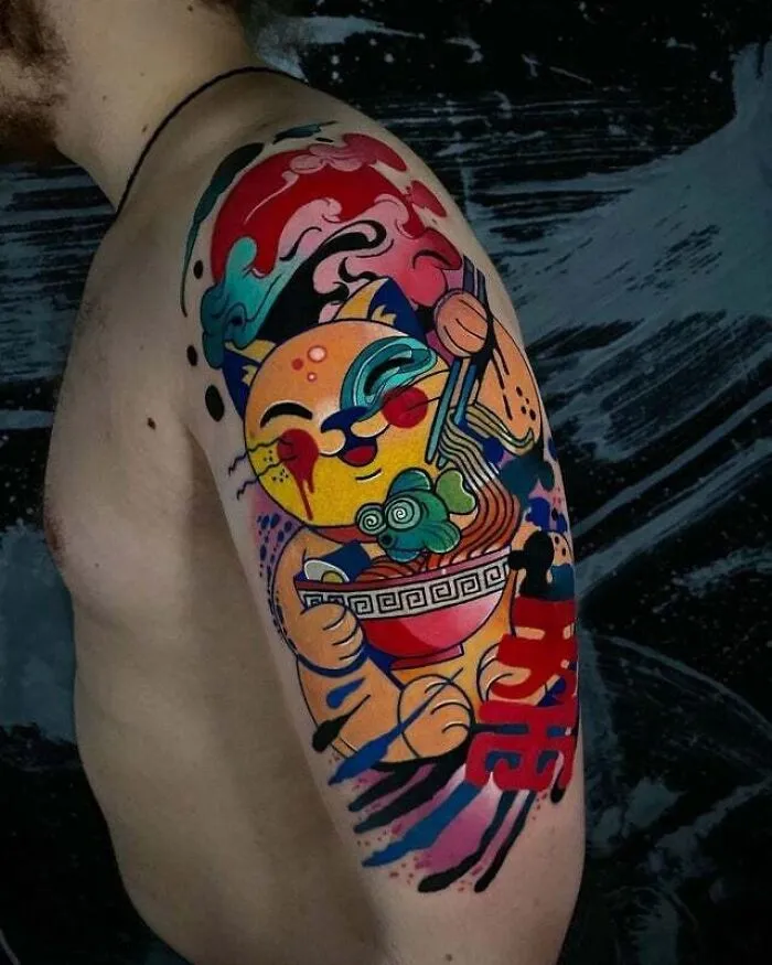 Vibrant, psychedelic tattoo of a cartoon cat with noodles on a person's arm, featuring colorful, abstract designs.