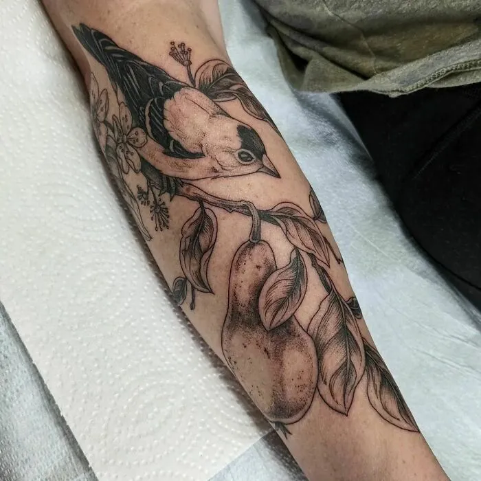 Nature tattoo depicting a bird perched on a branch with leaves and pears on a person's arm.