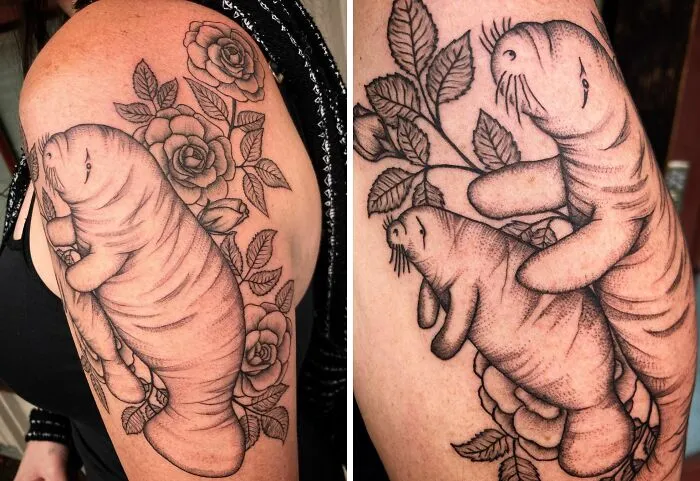 Manatee and floral tattoo on arm, showcasing nature-themed body art.