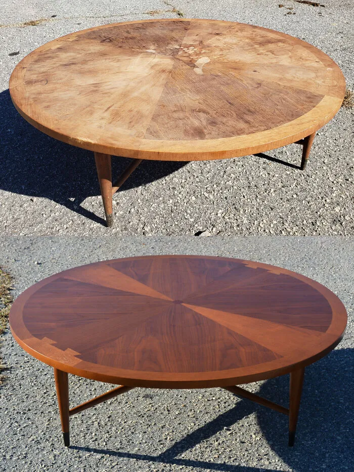 Antes y después de la mesa de cóctel Lane Acclaim First Edition, ¡de 1959! La pobre sobrevivió a 6 décadas de maltrato antes de llegar a mis manos. Es el doble de tiempo que llevo viva. ¡¡¡Una locura!!!