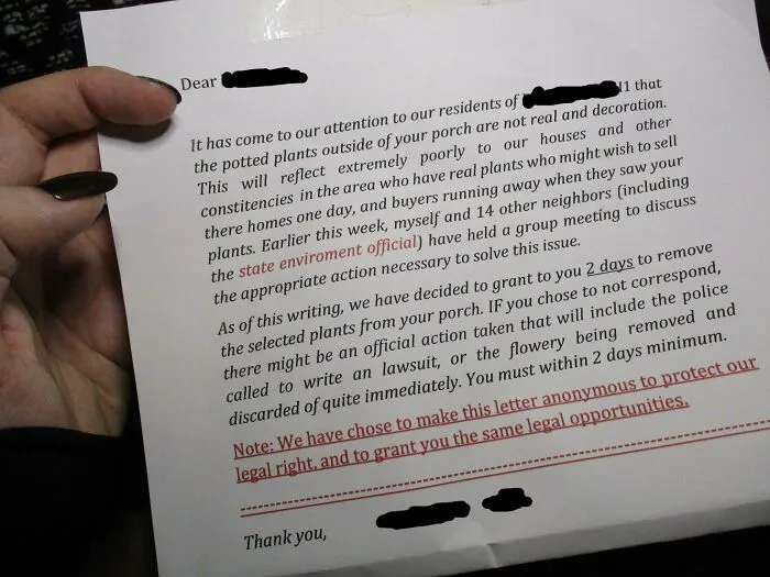This Poorly Written Letter From My Passive Aggressive Neighbor Telling Me To Remove My 'Legally-Owned' Plants From My Property