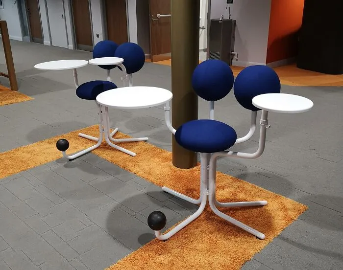 I Found These Weird Chairs. The Little Black Ball Is Not Big Enough To Hold Both Feet, And The Chair Is Too Tall To Be Comfortable Without Foot Support
