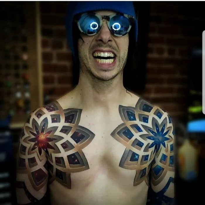 3D Geometric Space Chest Piece By Jesse Rix At Jesse Rix Tattoos In Keene New Hampshire