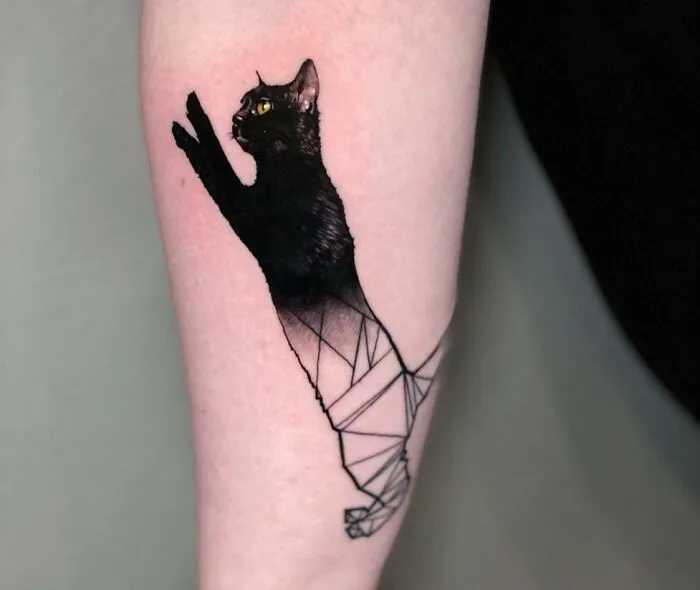 My Client Came In Wanting A Small Cat Tattoo, I Put A Little Twist On The Design And Made It Fade To Geometric Linework
