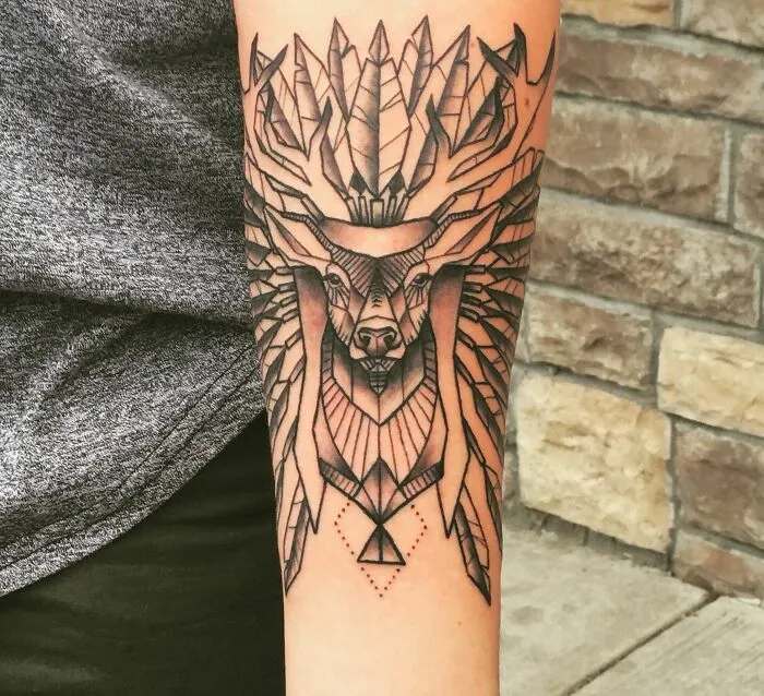 Geometric Deer With Headdress By Antonio At True Line Tattoo, NJ