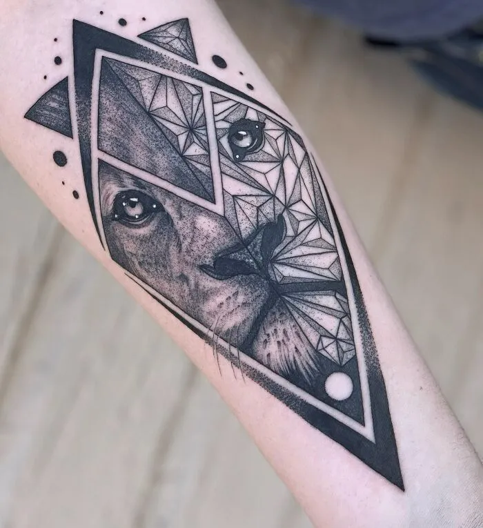 Realistic, Geometric Lion By Tommy Sisneros At All Sacred Tattoo In Denver, CO