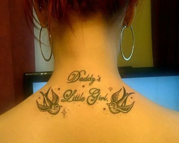 Back tattoo with "Daddy's Little Girl" text and bird designs.
