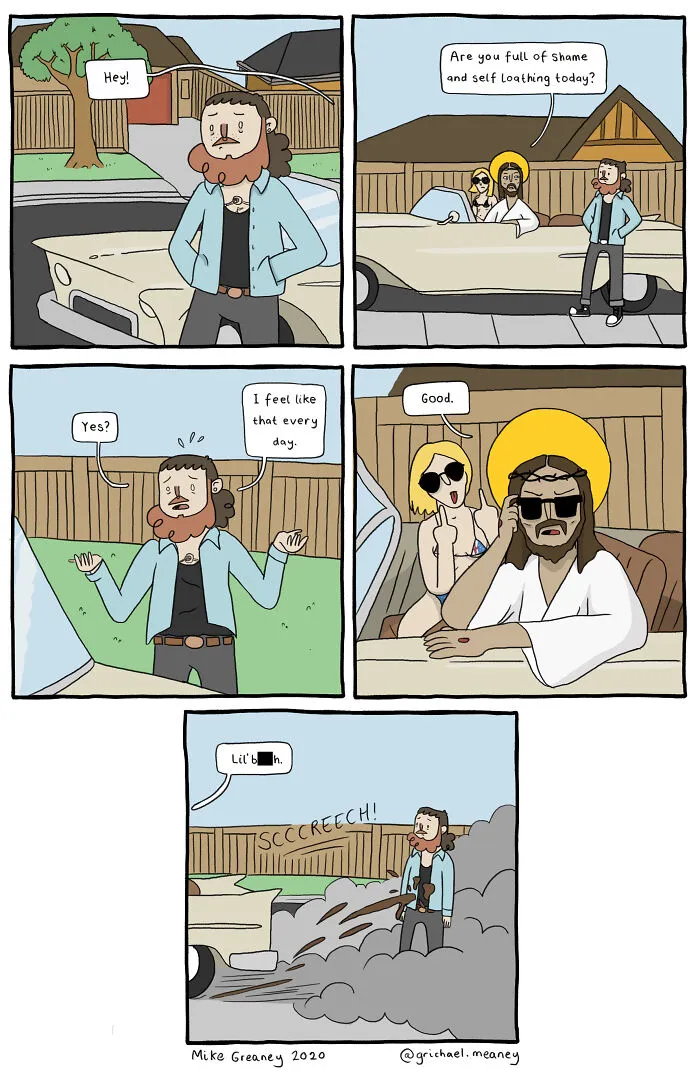 A comic strip depicting absurd-yet-funny situations, showing Jesus in a car asking a man about shame and self-loathing.