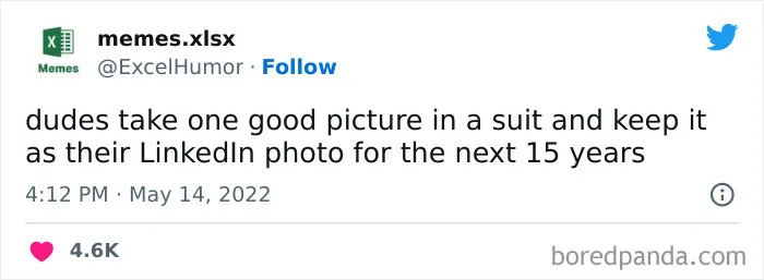 Tweet from Excel humor account about men using a single suit photo on LinkedIn for years, related to Microsoft Excel memes.