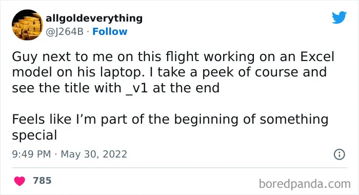 Tweet humorously describing Microsoft Excel model on a laptop during a flight.