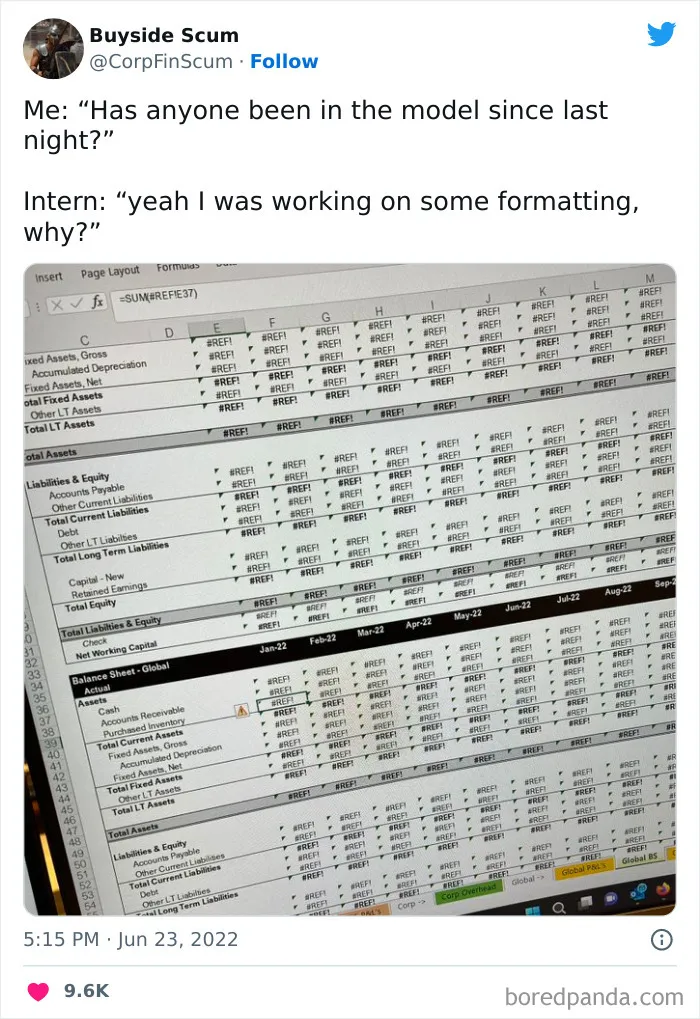 Excel meme showing a spreadsheet filled with #REF! errors, highlighting a formatting mishap.