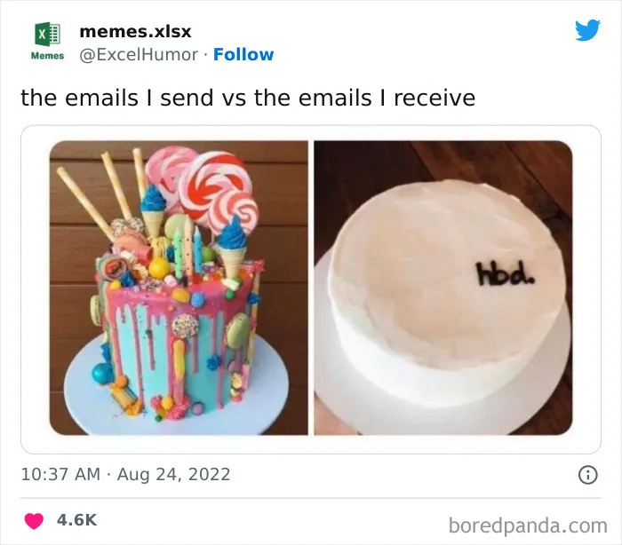 Colorful cake vs plain cake; humorous comparison of expectations vs reality. Microsoft Excel meme context.