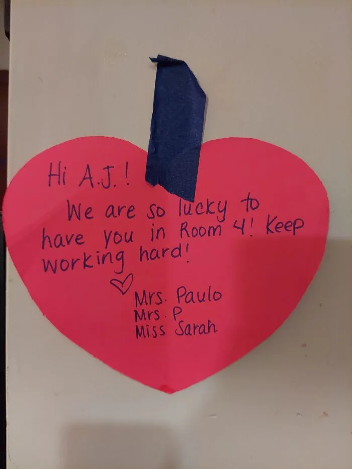 I Had To Hold Back My Tears As I Hung This Up... My Son Is Autistic And Having A Very Hard Time At School Lately. But His Teacher Emailed Me And Told Me He Was Given This Special Heart Note From His Team After Doing His Best With His Peers In His Homeroom. He Doesn't Get To Stay In There Too Often, So When He Gave This To Me I Knew I Had To Share It After Seeing This Post!