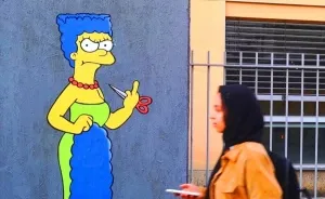 Behind "The Cut" Story Mural Featuring Marge Simpson Supporting The Iranian Protests Which Was Censored In Milan Italy