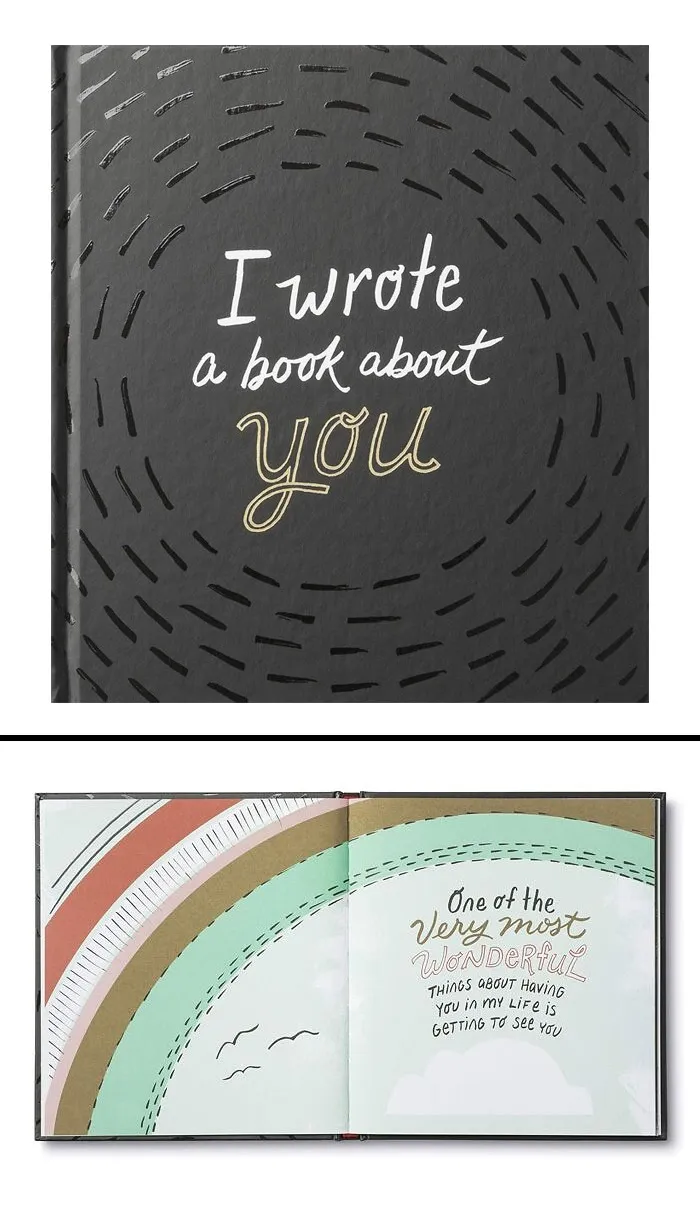 Valentine's Day gift book titled "I Wrote a Book About You" with an open page showcasing a heartfelt message.
