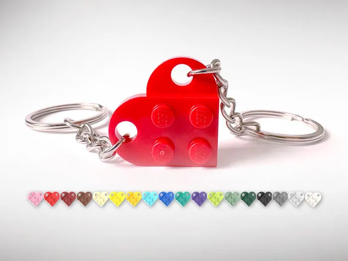 Heart-shaped keychain with Lego-inspired design, available in various colors, perfect Valentine's Day gift for love and affection.