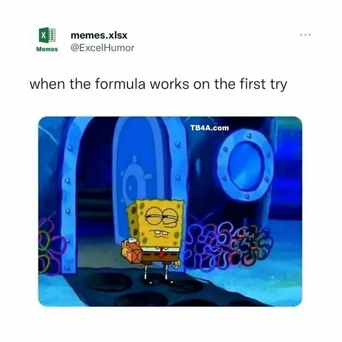 SpongeBob meme about a successful Excel formula attempt, showcasing Excel humor.