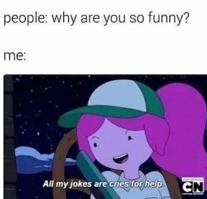 Cartoon character smiling with text: "All my jokes are cries for help," discussing therapy meme humor.