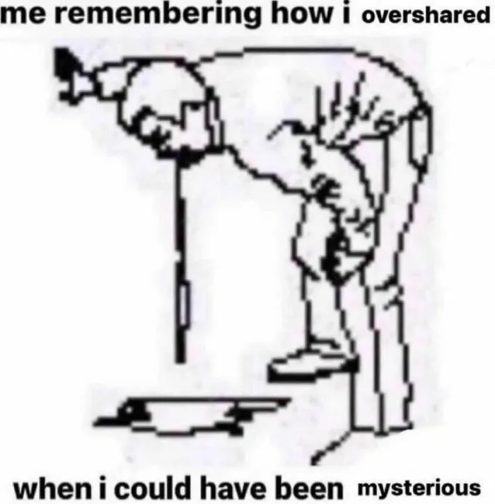 Cartoon figure oversharing in front of a mirror, with text about choosing mystery over oversharing.