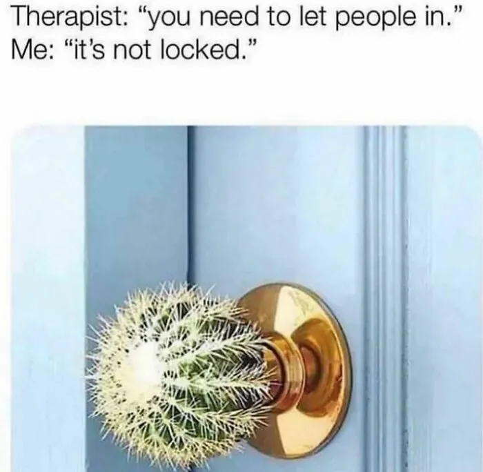 Cactus on a doorknob with text: "Therapist: You need to let people in. Me: It's not locked."