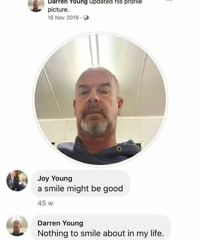 Man with serious expression in profile picture, caption suggests discussing life's issues in therapy through memes.