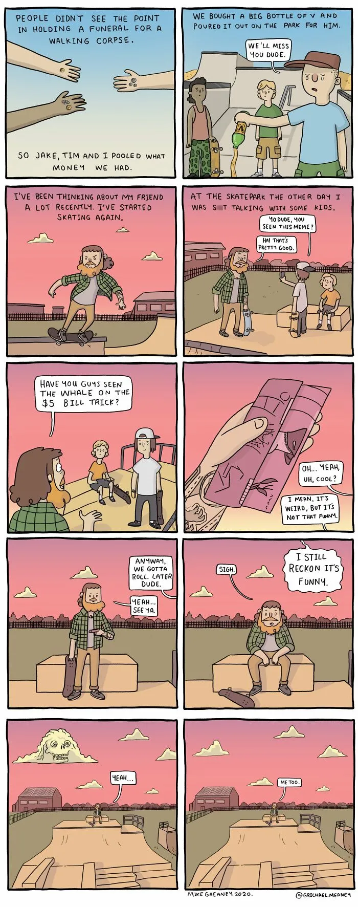 A comic about a funeral for a walking corpse and friends skating. Absurd situations comic.