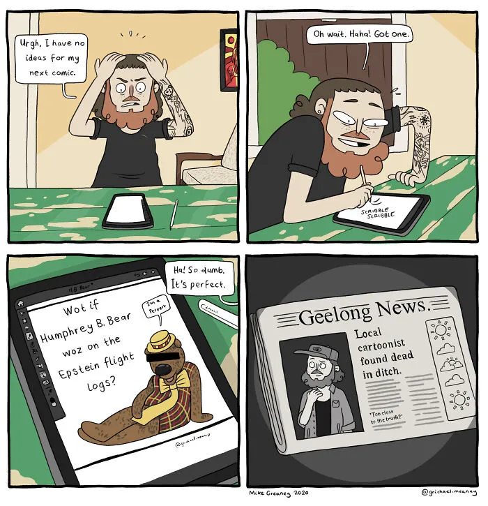 A comic illustrating absurd-yet-funny situations: an artist struggling with ideas, then creating a controversial comic.