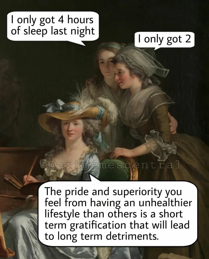 A classical art meme featuring three women discussing their sleep deprivation with humorous dialogue.