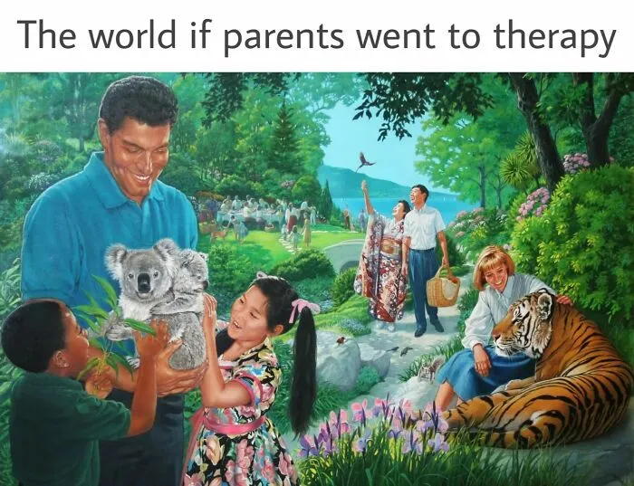 A classical art meme depicting a utopian world if parents went to therapy, showing harmony among people and animals.