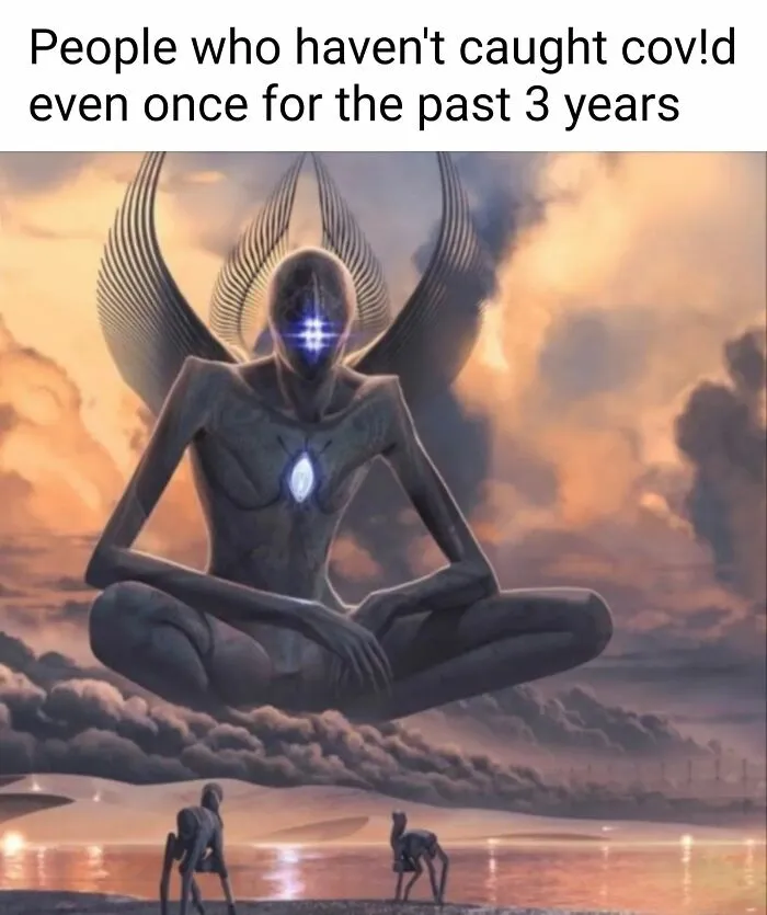 A classical art meme depicting a large, floating, ethereal figure with wings and glowing eyes, a covid meme.