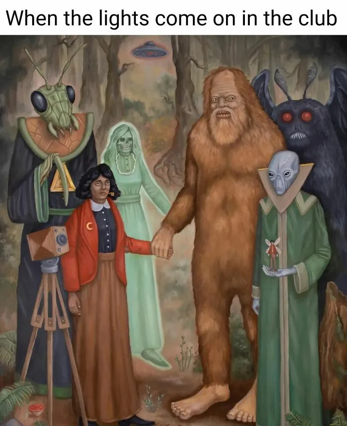 Various mythical and cryptid creatures like Bigfoot, Mothman, and aliens, alongside a woman with a camera, as a classical art meme.