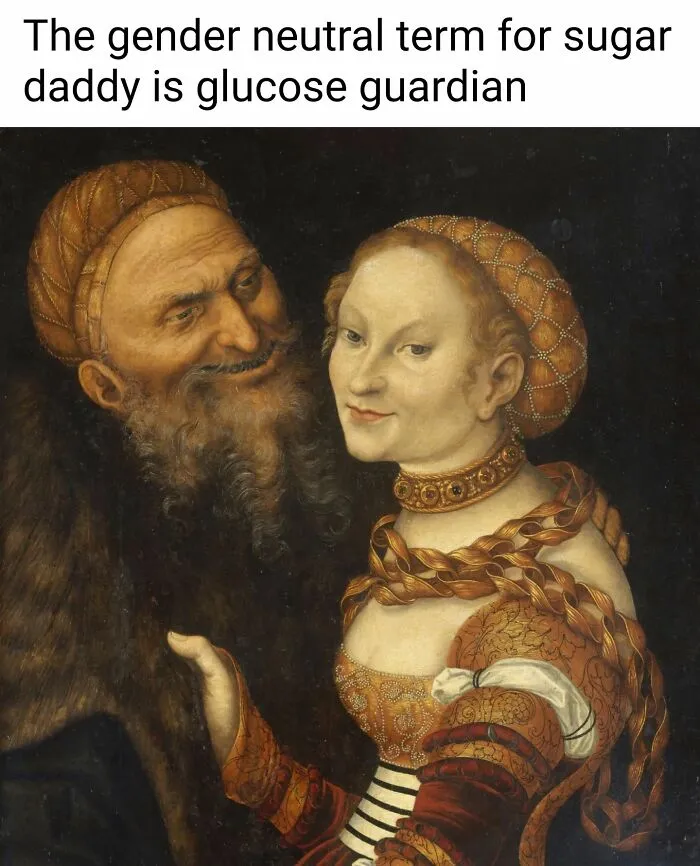 Classical art meme of an old man with a beard looking at a young woman, illustrating a glucose guardian.