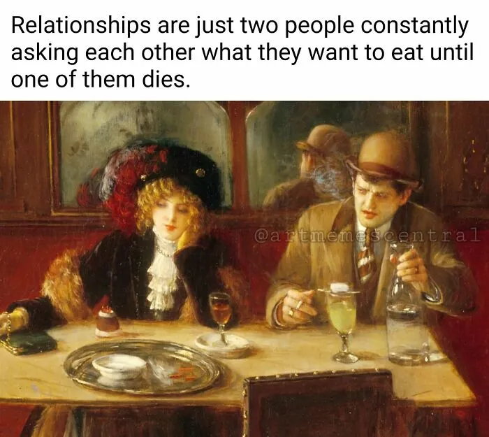 Classical art memes: A meme of a couple at a table in a classical painting, humorously depicting relationship food choices.