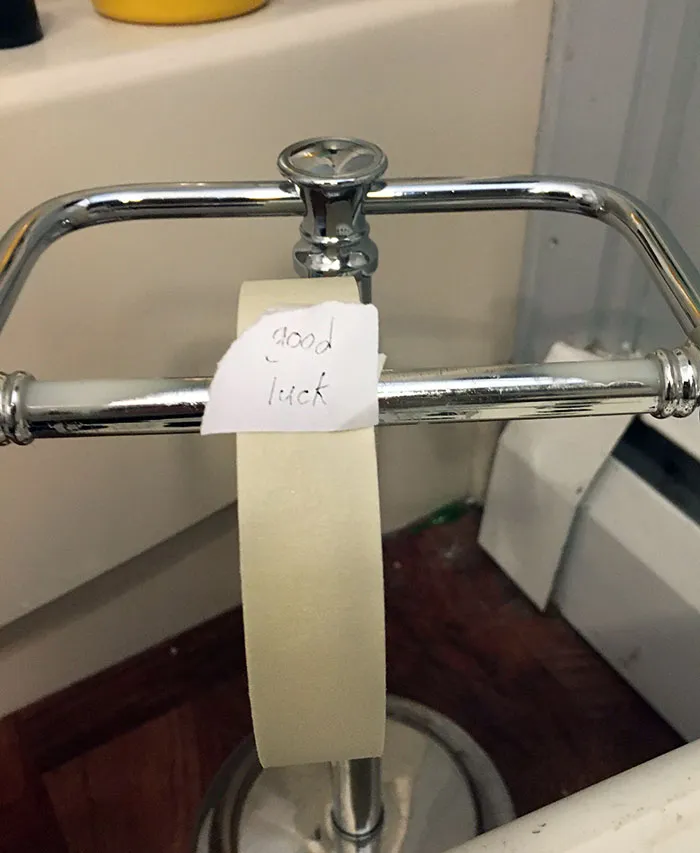 My 11-Year-Old Daughter's April Fools Joke. She Hid The Toilet Paper And Replaced It With A Masking Tape