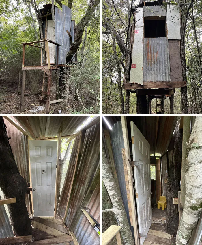 Finalmente terminé la casa del árbol, el costo total fue de alrededor de 50 dólares. Todo se hizo a partir de elementos encontrados en un granero