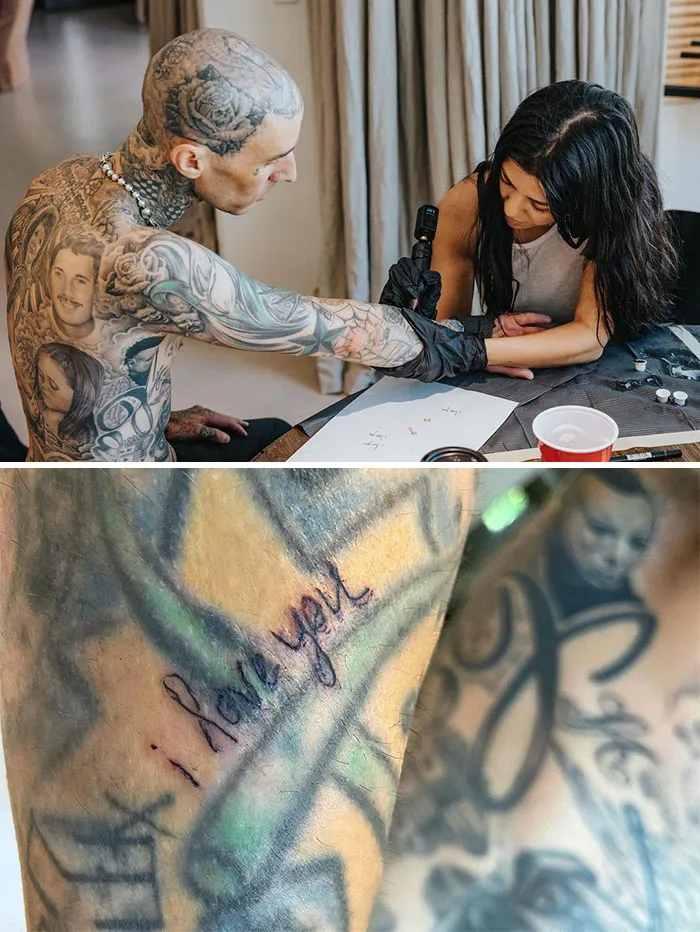Tattoo artist working on a celebrity's arm, showcasing intricate tattoos including portraits and script.