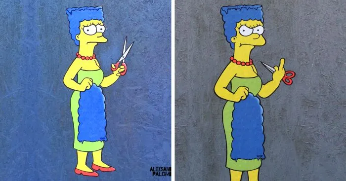 Behind "The Cut" Story Mural Featuring Marge Simpson Supporting The Iranian Protests Which Was Censored In Milan Italy