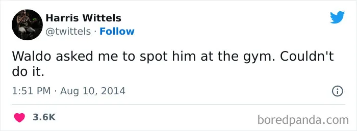Tweet joke about spotting Waldo at gym, relatable gym meme for true gym rats.