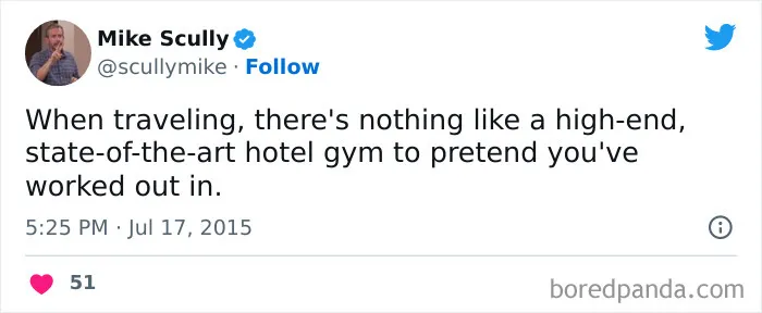 Tweet about a gym experience, humorously referencing pretending to work out at hotel gyms.