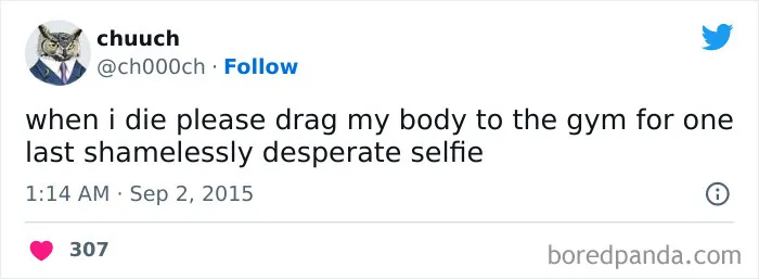Twitter post about gym humor from @ch000ch requesting a final gym selfie.