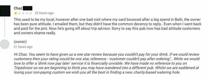 Customer At My Local Pub Couldn't Pay For A Pint And Gave A Bad Tripadvisor Review, Pub Responded Accordingly