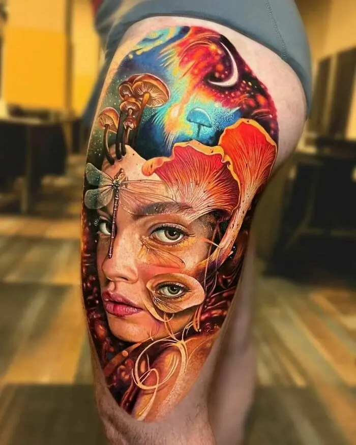 Realistic tattoo on leg featuring a colorful woman's portrait, dragonfly, and mushrooms with intricate detailing.