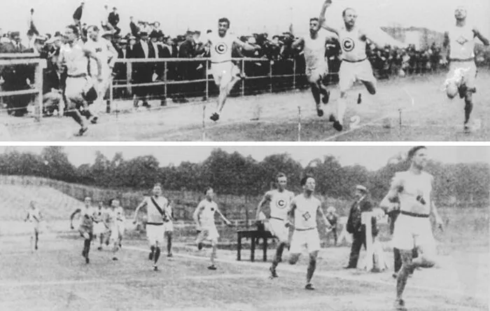 black and white photo of runners on the stadium