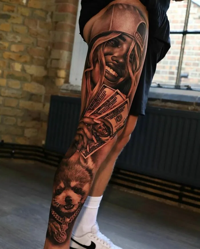 Realistic tattoo of a woman with money and skunk sleeve on leg, showcasing amazing detail.