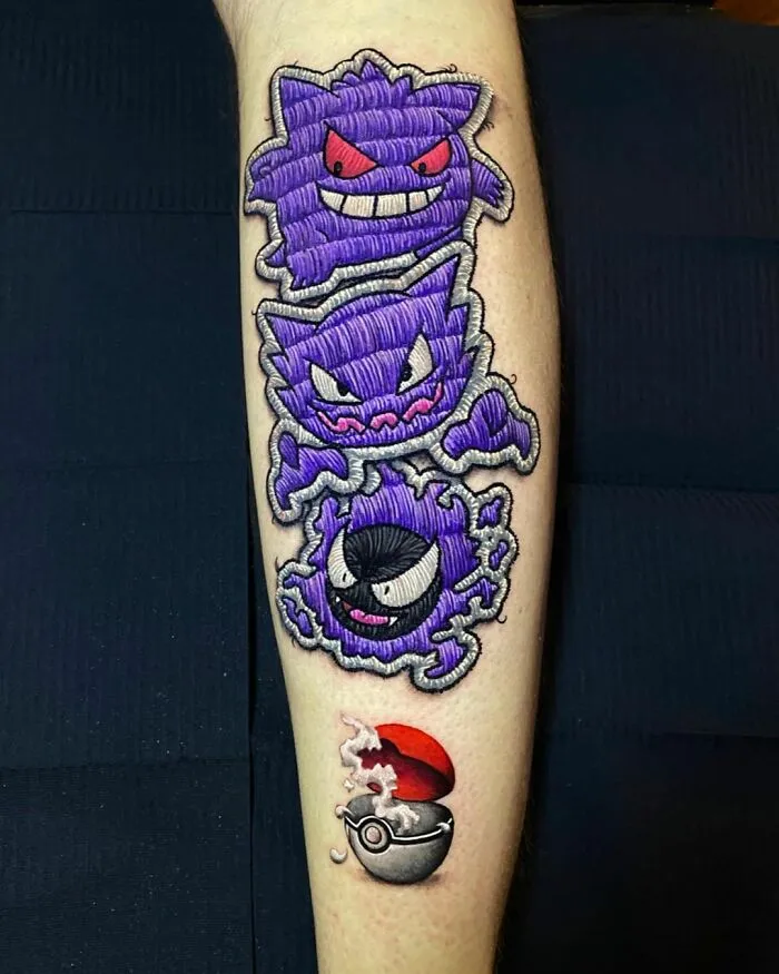 Tattoo featuring three ghostly creatures by Eduardo Lozano, showcasing innovative dimensions in tattooing.