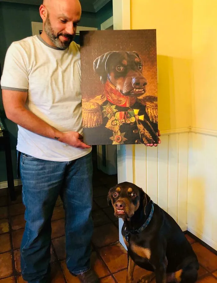 My Friend’s Birthday Gift To Her Husband: A Fantastic Painting Of Their Derperman Pinscher